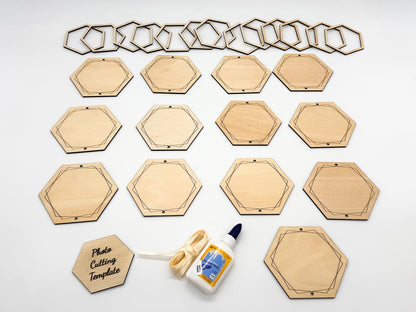 A set of unfinished light wood hexagonal photo cutting templates arranged on a white background, including a row of nested hexagonal frames at the top, multiple plain hexagonal boards in the middle, one labeled 'Photo Cutting Template' with a string, and a small bottle of glue at the bottom.