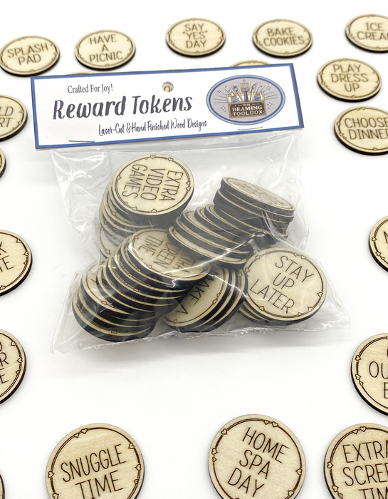 Wooden reward tokens encouraging chores, good behavior, and family time